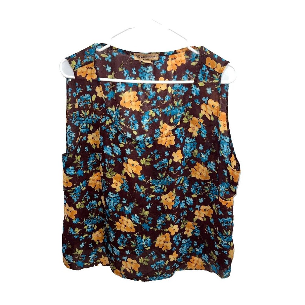 woman's Notations sheer tank top plus size 1X floral print brown yellow floral